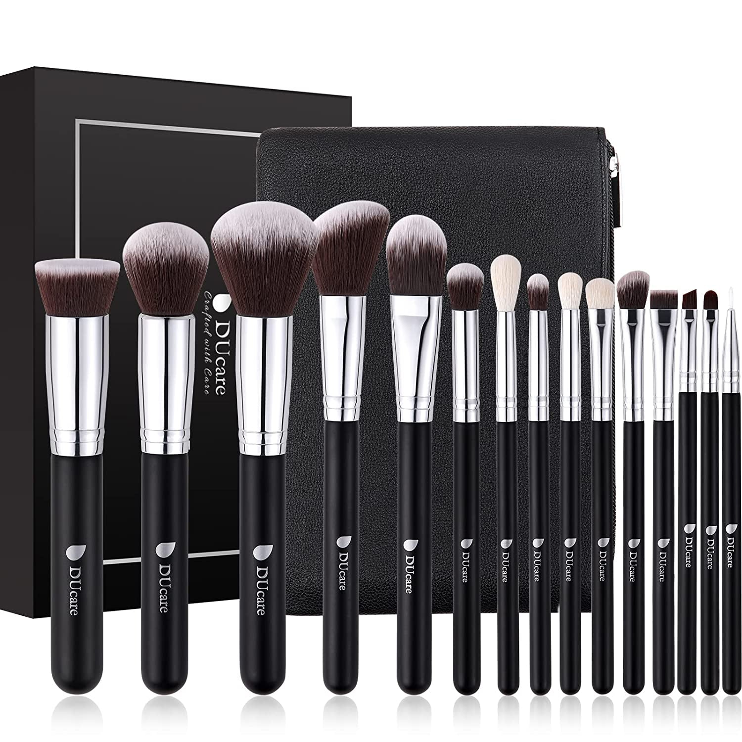 Makeup Brushes with Bag,15Pcs Makeup Brush Set Christmas Gift Travel Kabuki Foundation Blending Blush Eyeliner Shadow Brow Concealer Brushes Kit Black