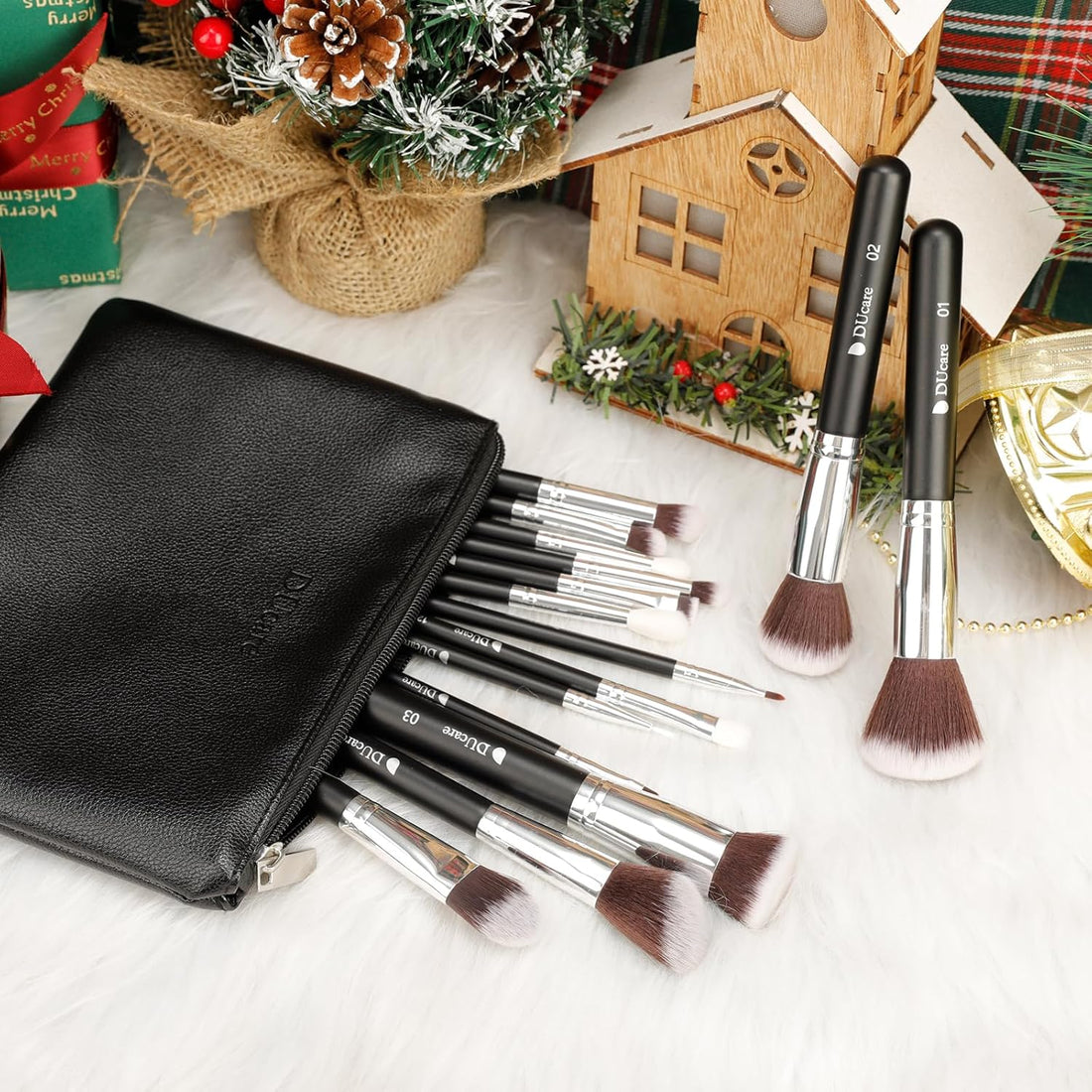 Makeup Brushes with Bag,15Pcs Makeup Brush Set Christmas Gift Travel Kabuki Foundation Blending Blush Eyeliner Shadow Brow Concealer Brushes Kit Black